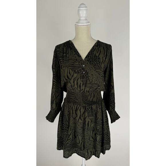 Rails Zana Mini Olive Mixed Animal Stripe Dress Womens XS Long Sleeve V Neck - Picture 5 of 15